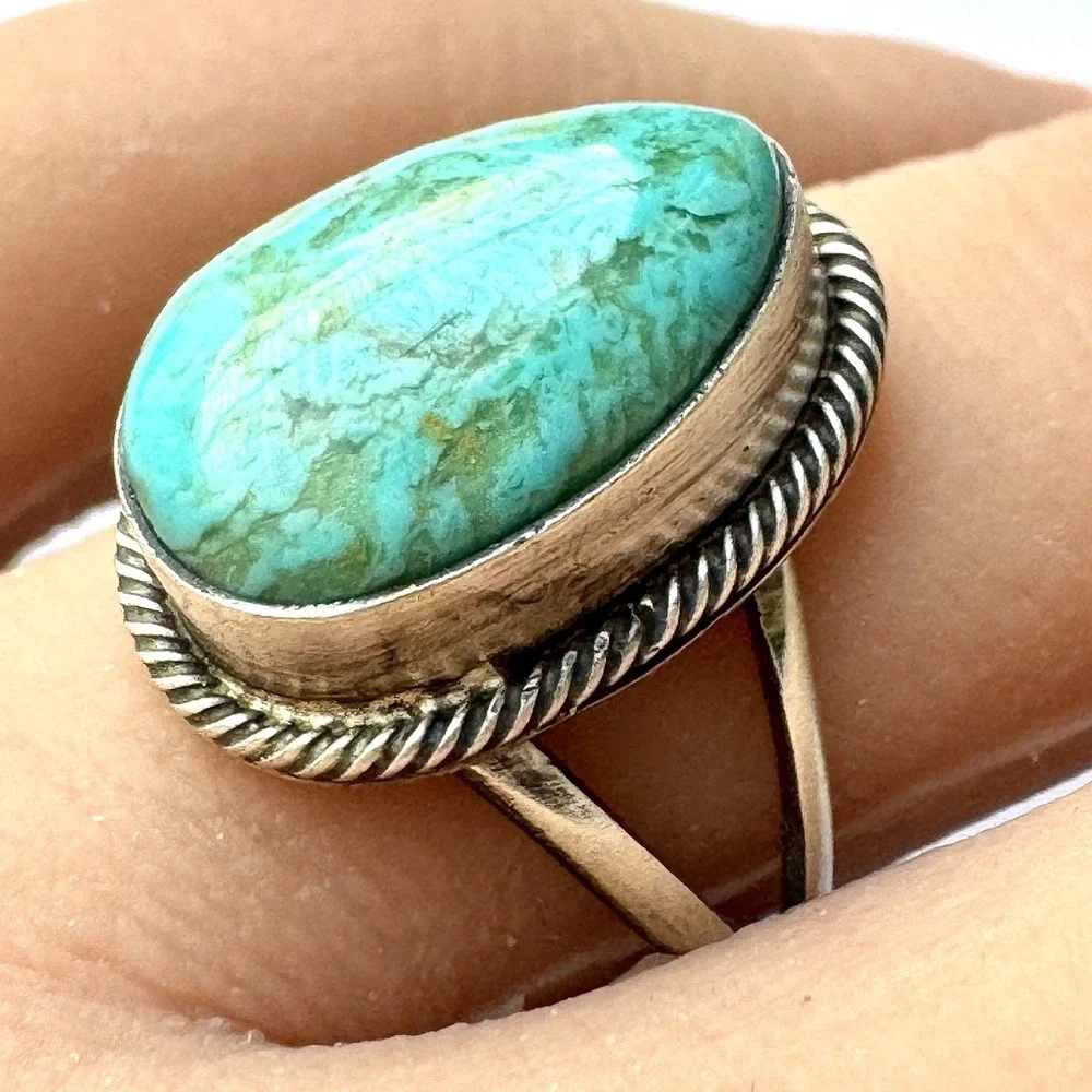 Navajo Turquoise Ring Sz 7.5 Signed Skeets Sterling‎ Native American Handmade